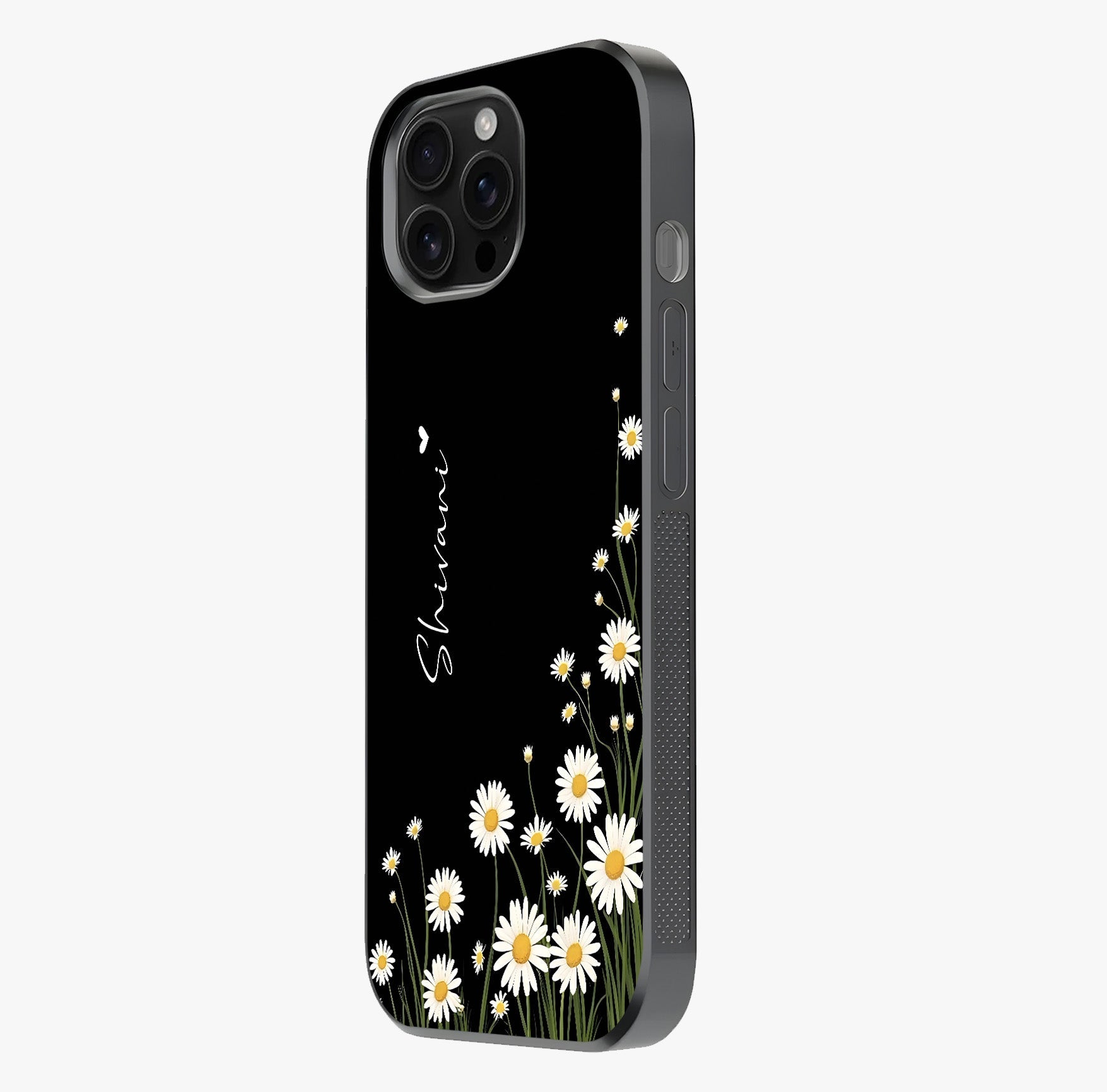Daisy Cascade Custom Name Glass Case photographed in natural light showing reflective finish and design depth.