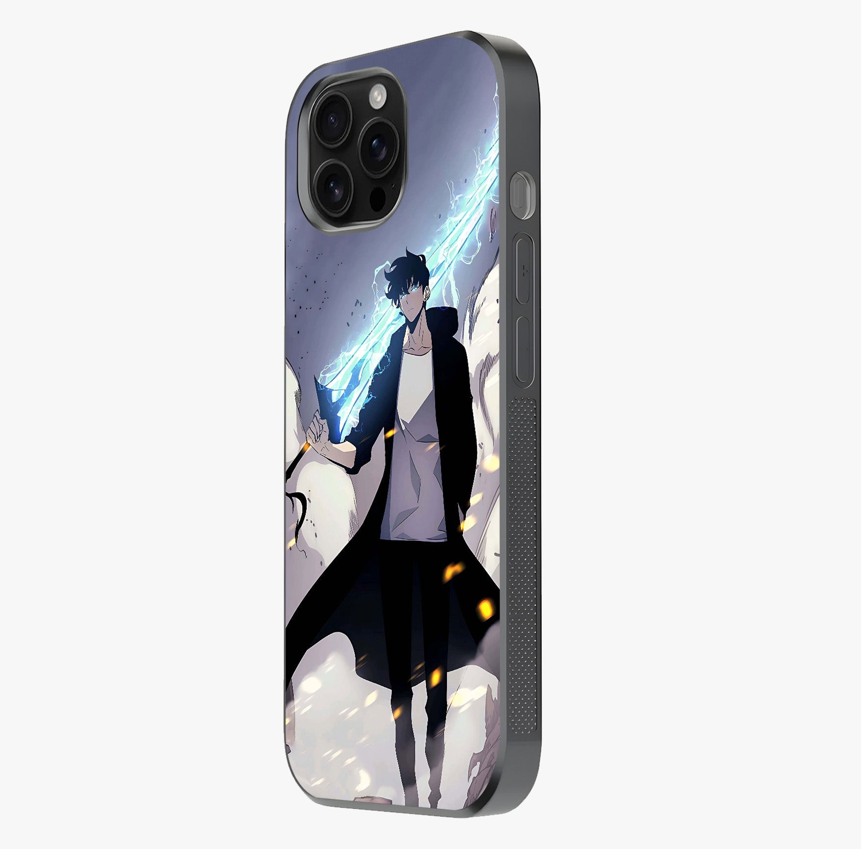 Dark Lightning Anime Warrior Glass Case photographed in natural light showing reflective finish and design depth.