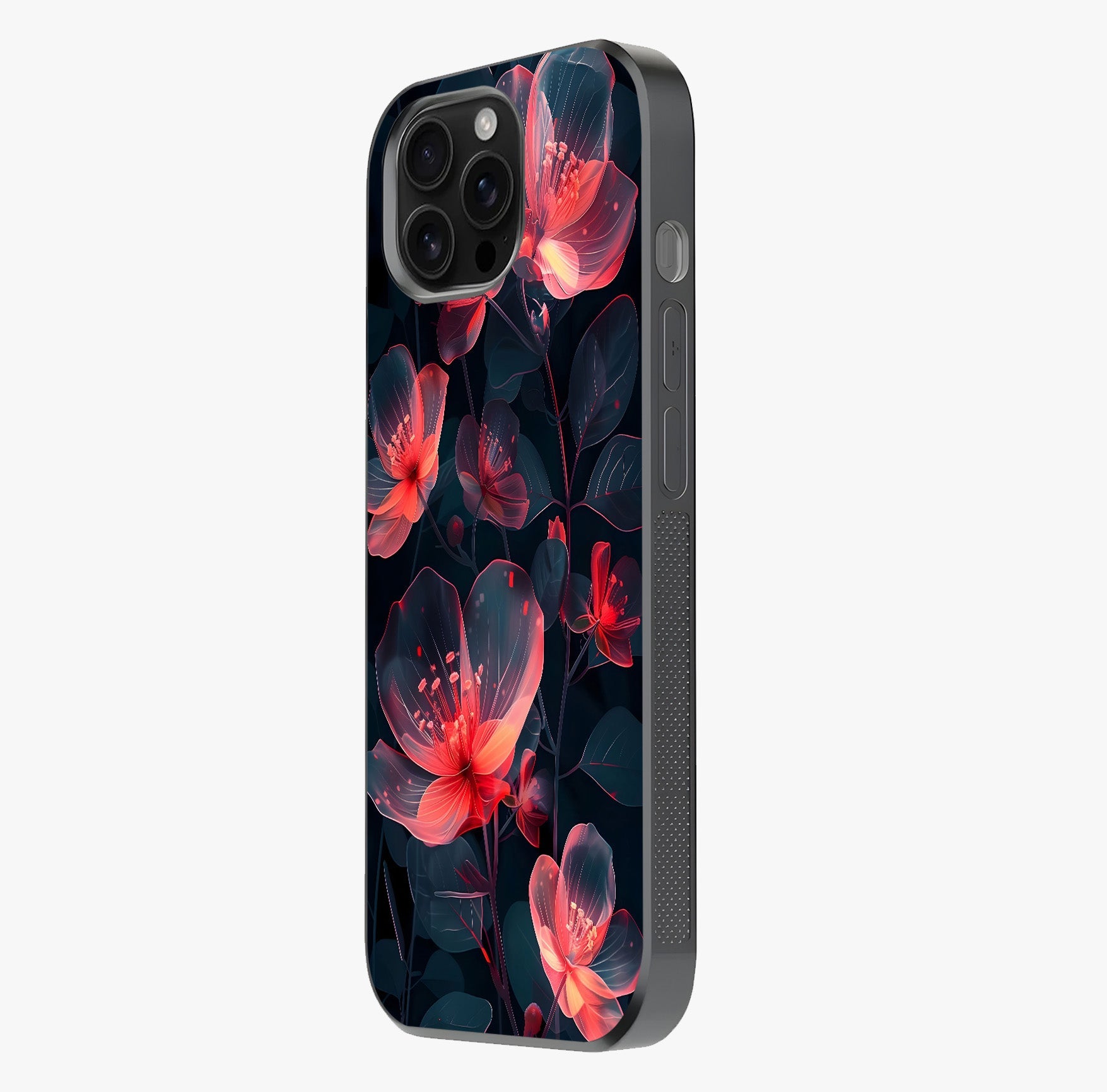 Dark Shade Of Flower Glass Case photographed in natural light showing reflective finish and design depth.
