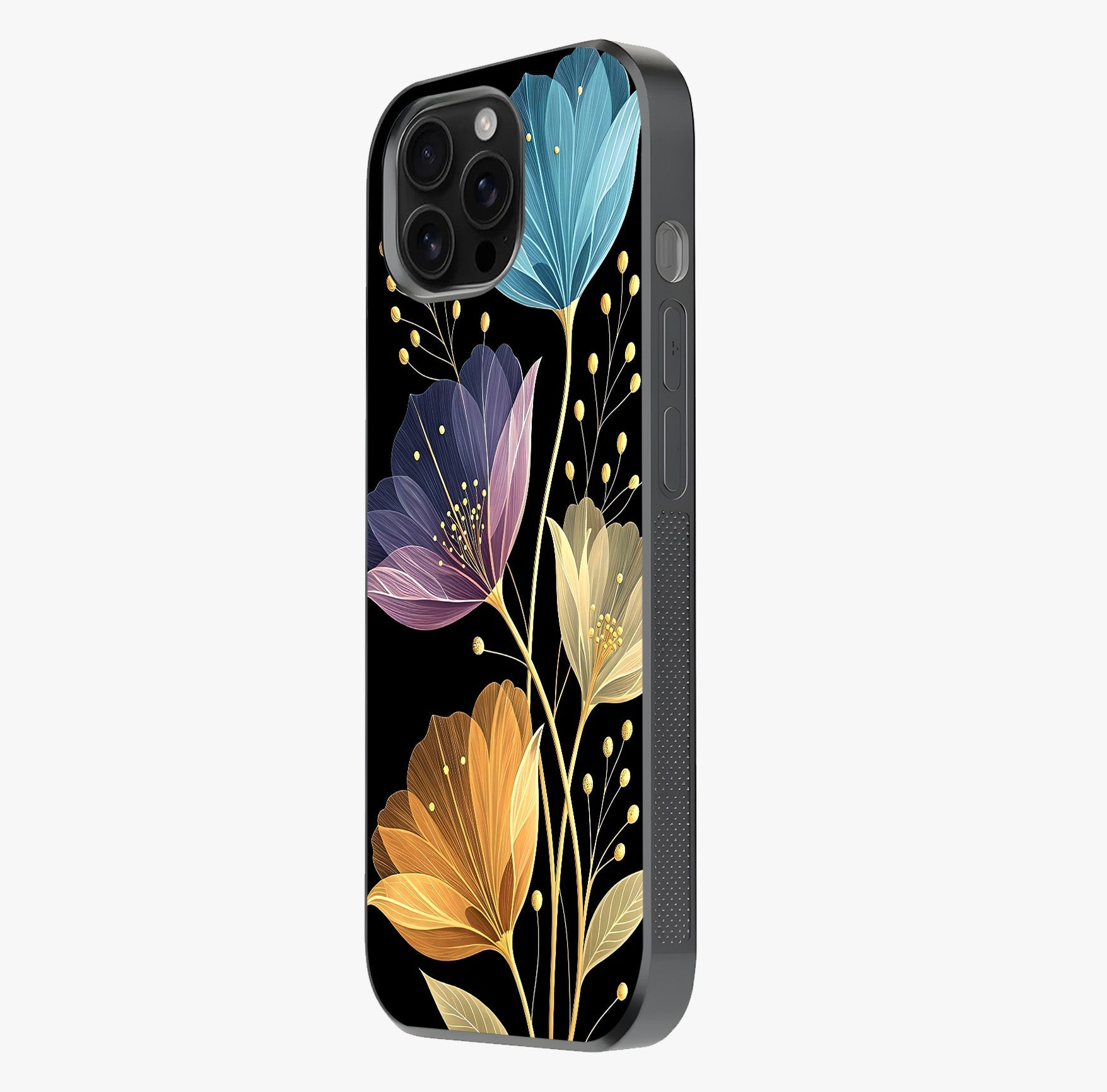 Delicate Multicolor Flowers Glass Case photographed in natural light showing reflective finish and design depth.