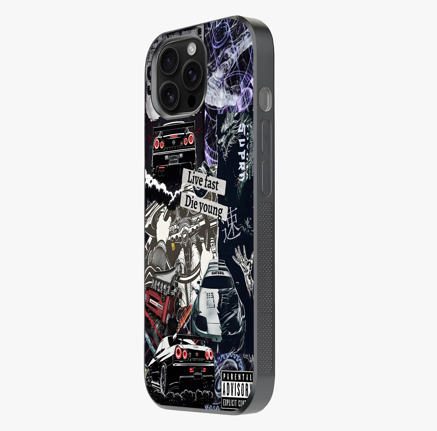Die Young Glass Case photographed in natural light showing reflective finish and design depth.