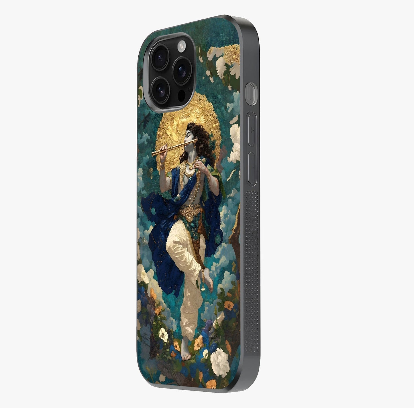 Divine Krishna Art Glass Case photographed in natural light showing reflective finish and design depth.