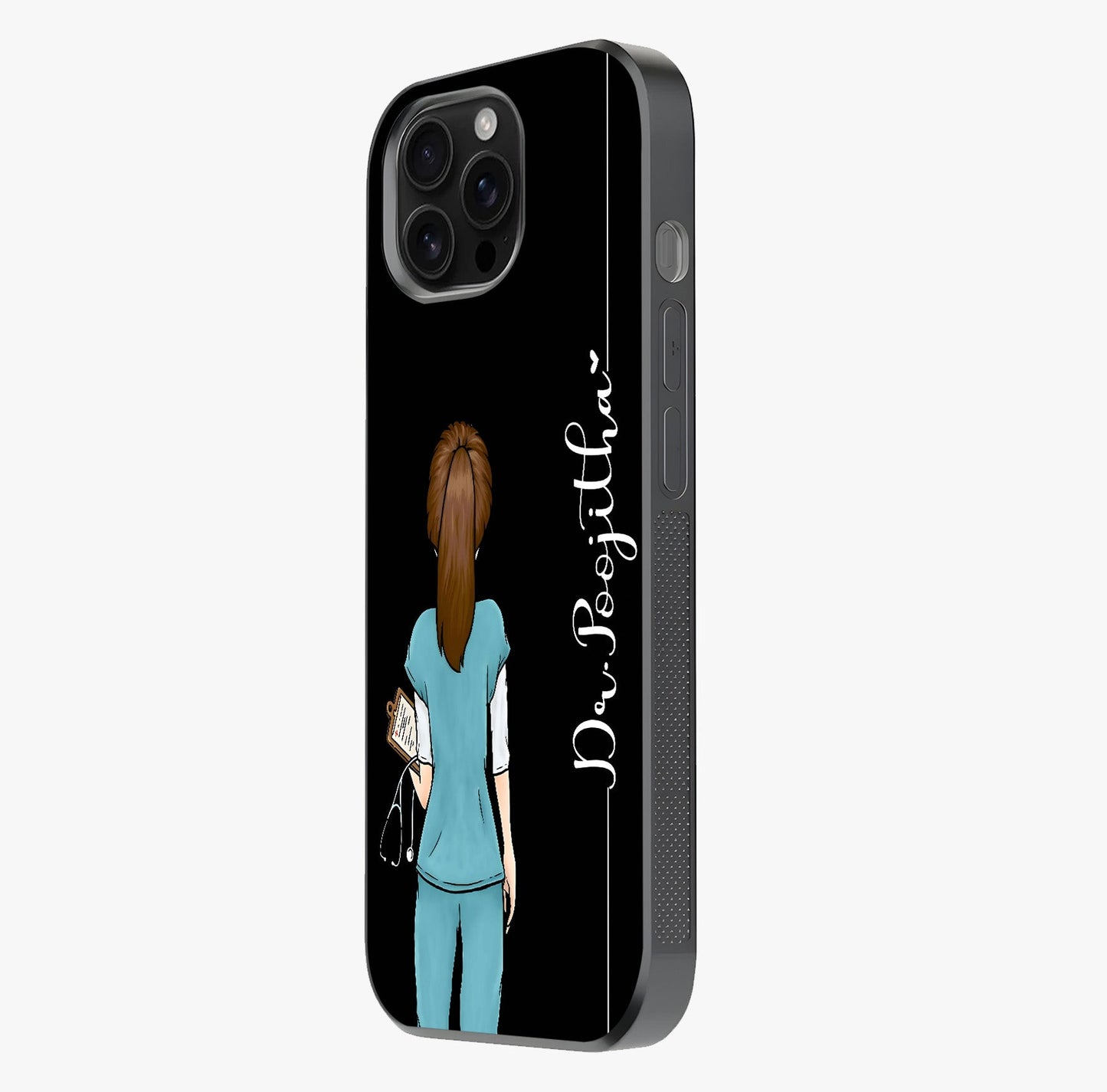Doctor Pattern Custom Name Glass Case photographed in natural light showing reflective finish and design depth.