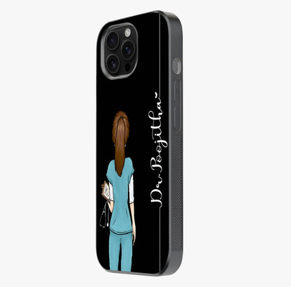 Doctor Pattern Custom Name Glass Case photographed in natural light showing reflective finish and design depth.