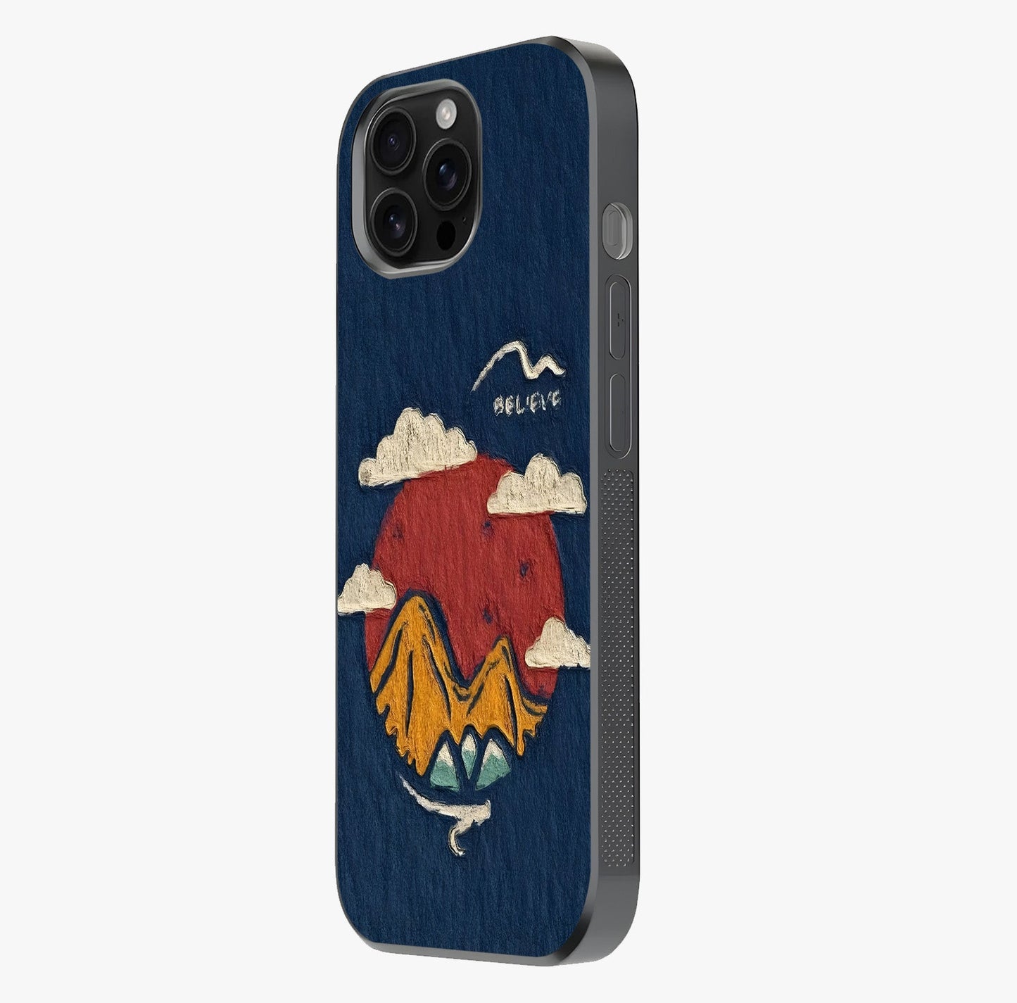Dream Beyond Mountains Glass Case photographed in natural light showing reflective finish and design depth.