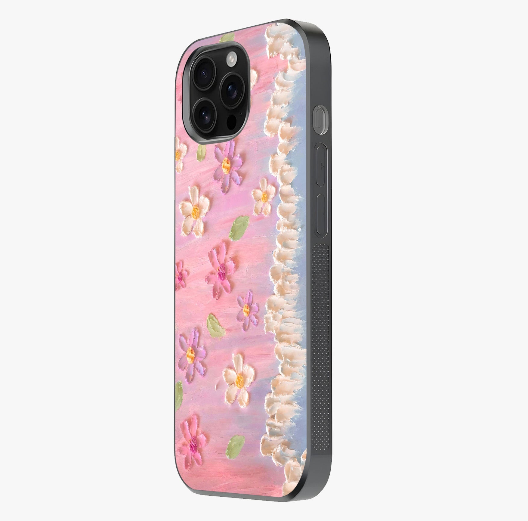 Dreamy Painted Garden Glass Case photographed in natural light showing reflective finish and design depth.