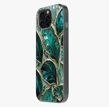 Emerald Leaf Glass Glass Case photographed in natural light showing reflective finish and design depth.