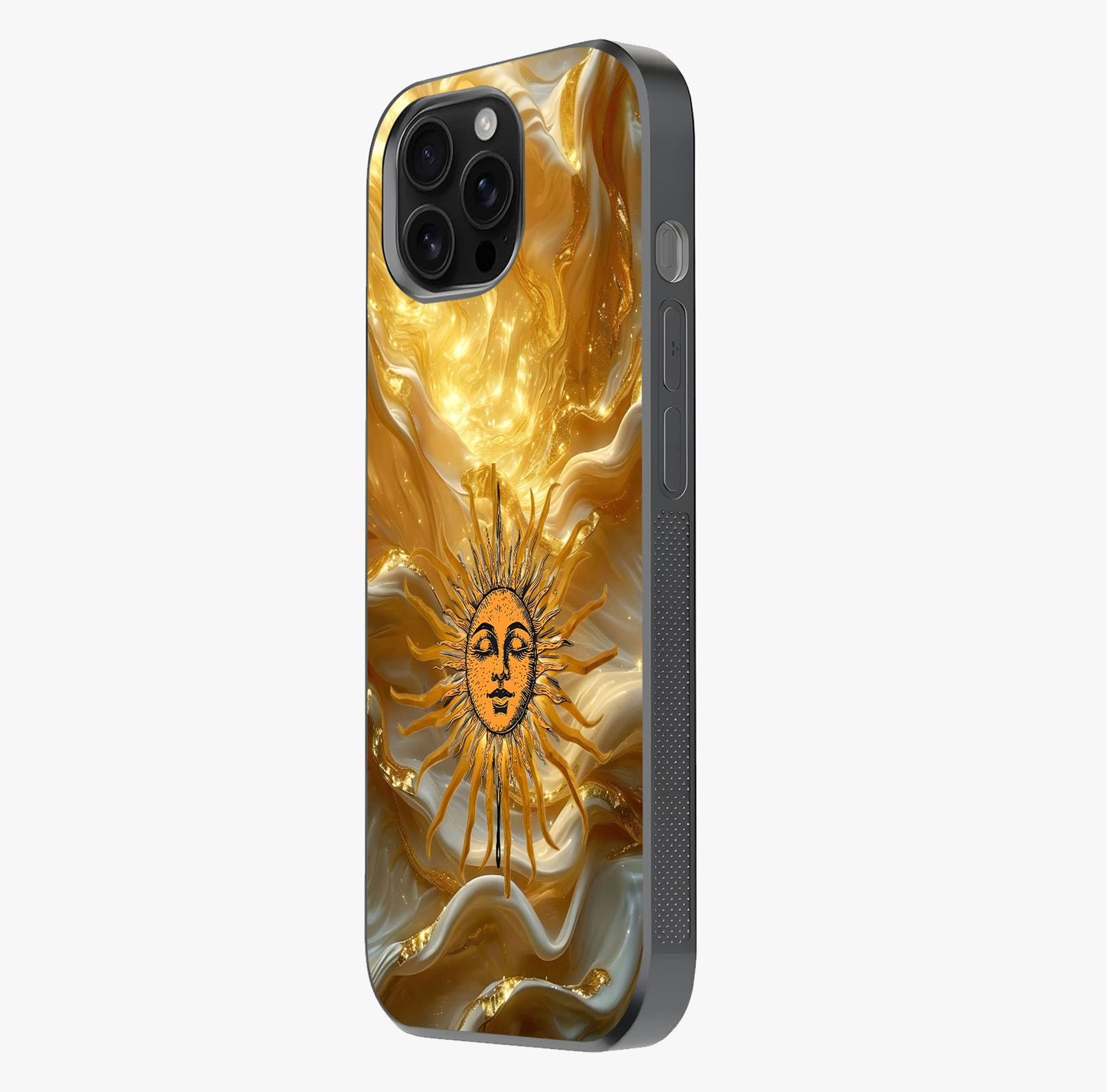 Eternal Golden Glow Glass Case photographed in natural light showing reflective finish and design depth.