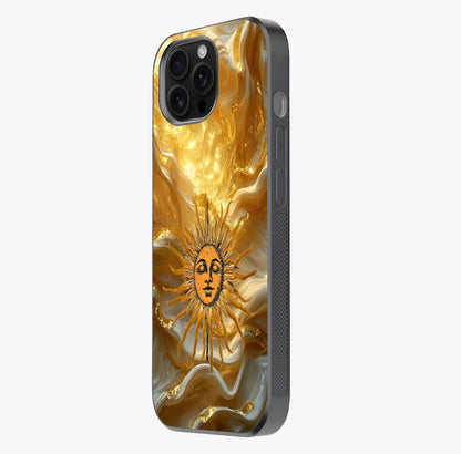 Eternal Golden Glow Glass Case photographed in natural light showing reflective finish and design depth.