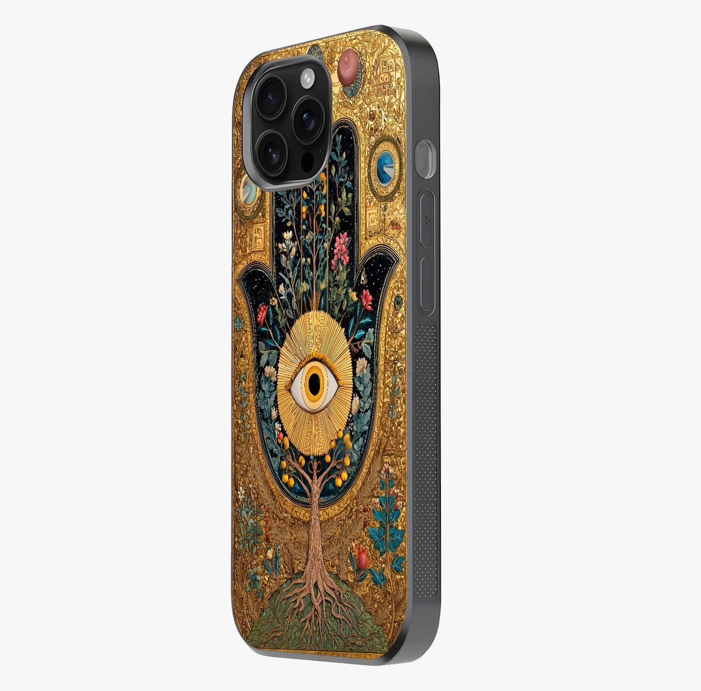 Ethereal Evil Eye Glass Case photographed in natural light showing reflective finish and design depth.