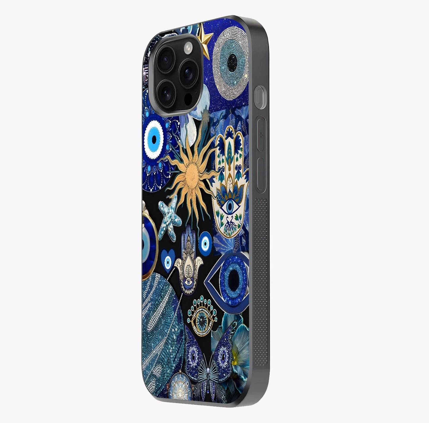Evil Eye Charm Mix Glass Case photographed in natural light showing reflective finish and design depth.