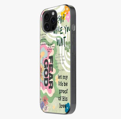Faith Over Fear Glass Case photographed in natural light showing reflective finish and design depth.