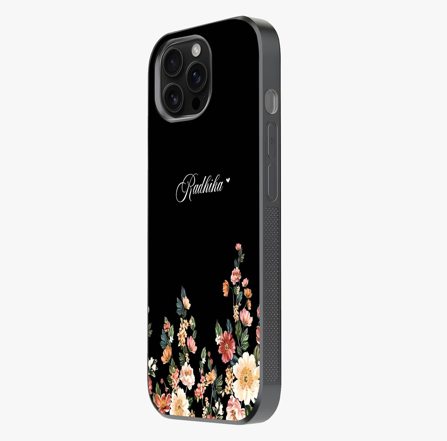 Floral Design With A Custom Personalized Name Glass Case photographed in natural light showing reflective finish and design depth.
