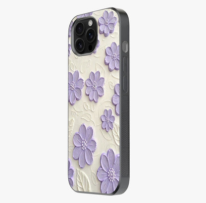 Floral Wall Art With Purple Flowers Glass Case photographed in natural light showing reflective finish and design depth.