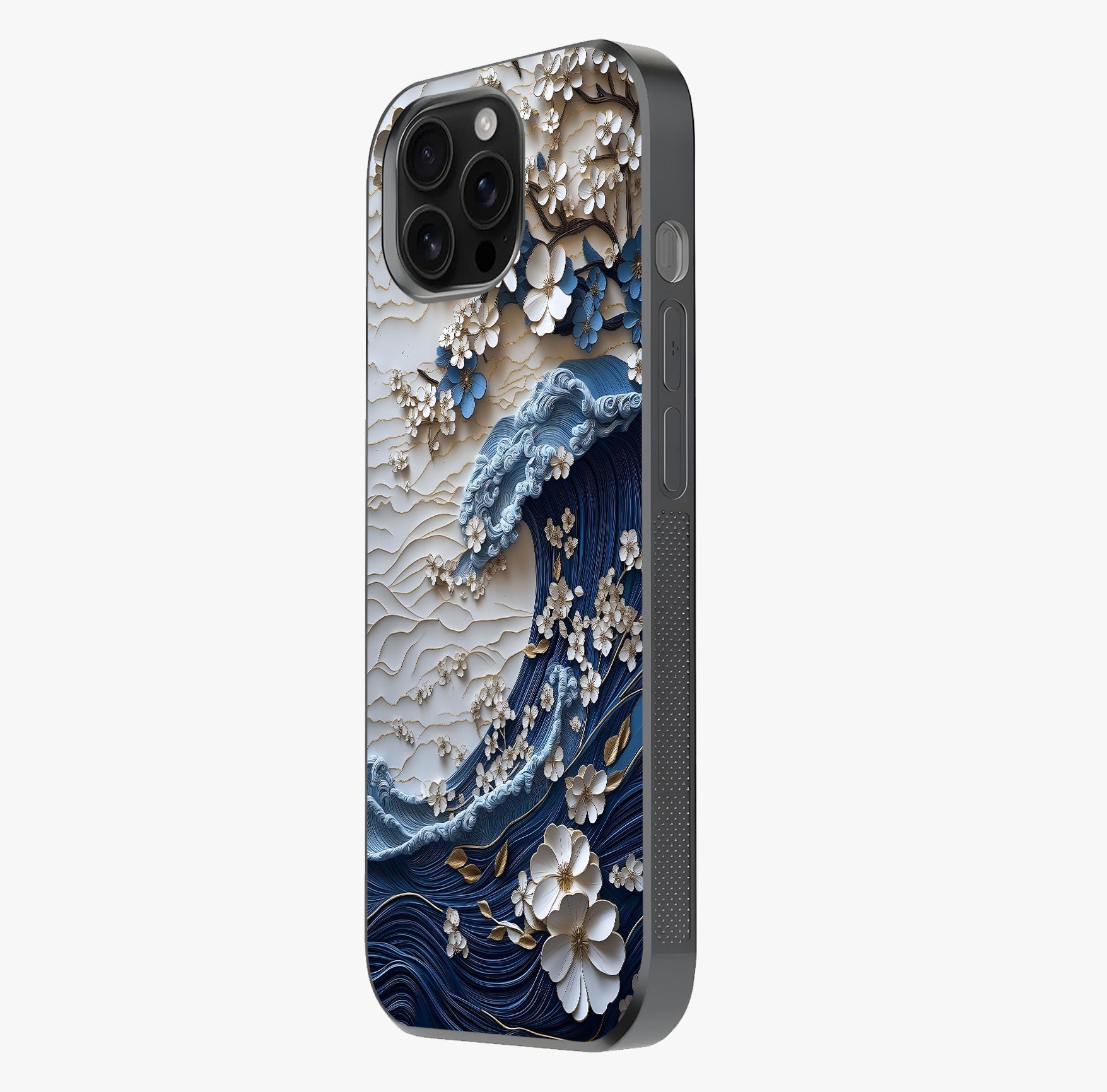 Floral Wave Origami Glass Case photographed in natural light showing reflective finish and design depth.