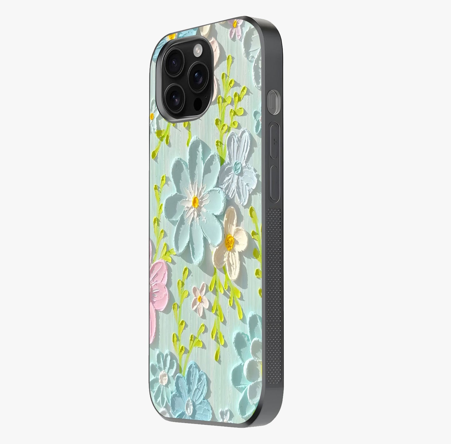 Frosted Petal Garden Glass Case photographed in natural light showing reflective finish and design depth.