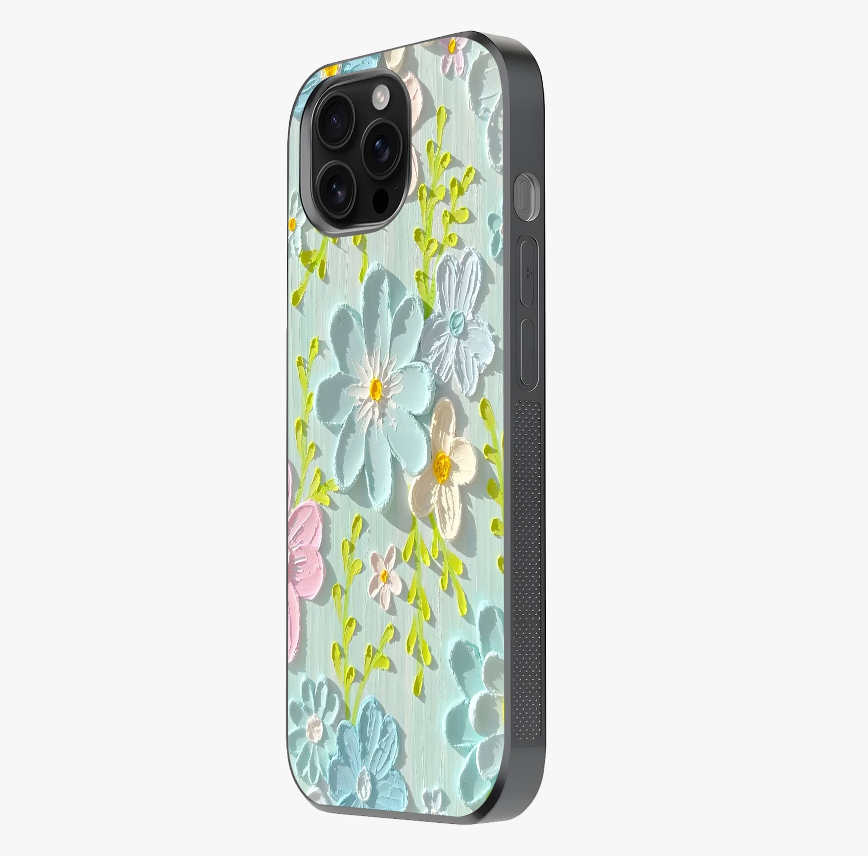 Frosted Petal Garden Glass Case photographed in natural light showing reflective finish and design depth.