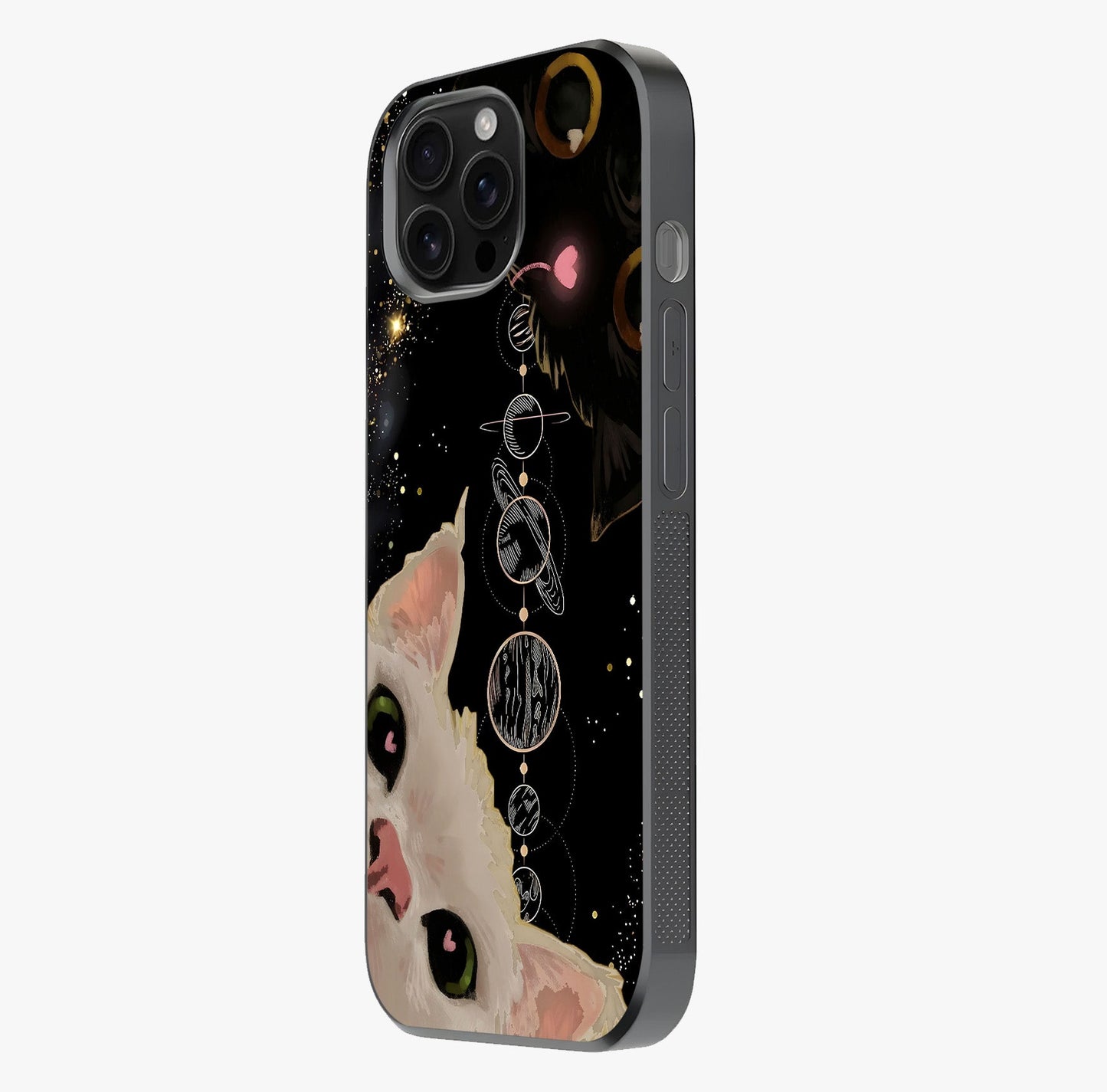 Galactic Cat Glass Case photographed in natural light showing reflective finish and design depth.