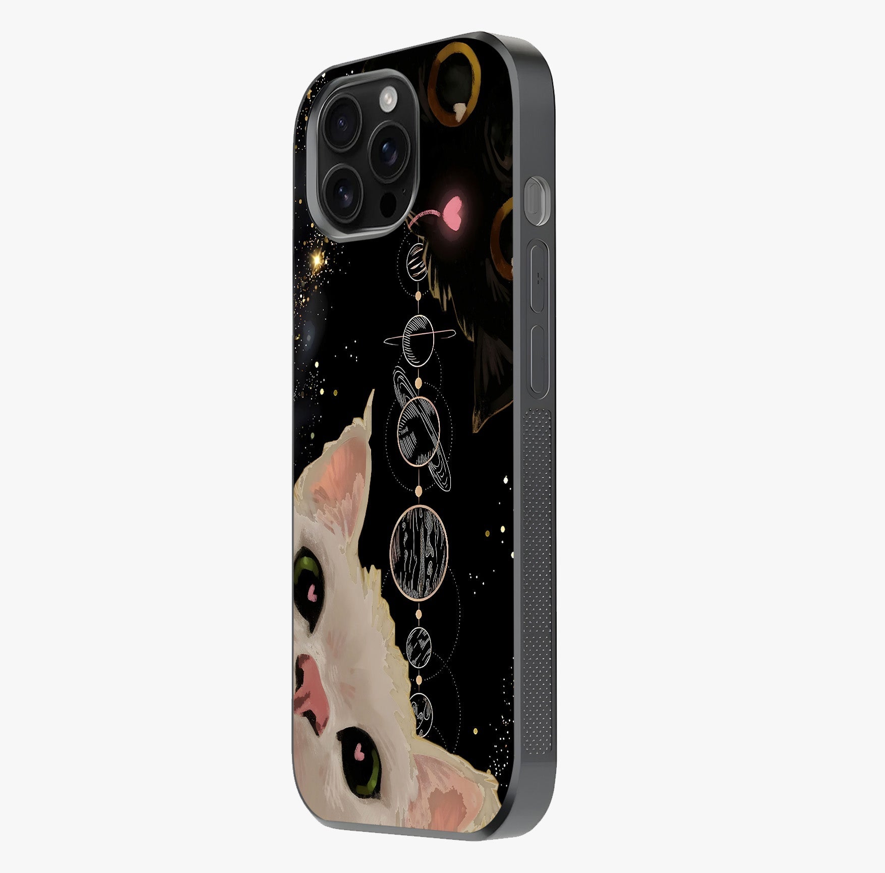 Galactic Cat Glass Case photographed in natural light showing reflective finish and design depth.