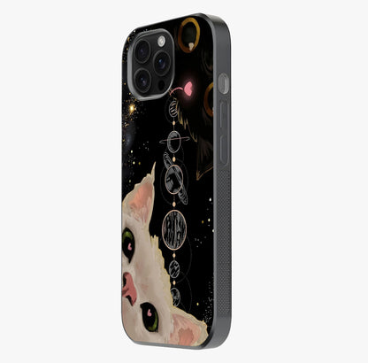 Galactic Cat Glass Case photographed in natural light showing reflective finish and design depth.