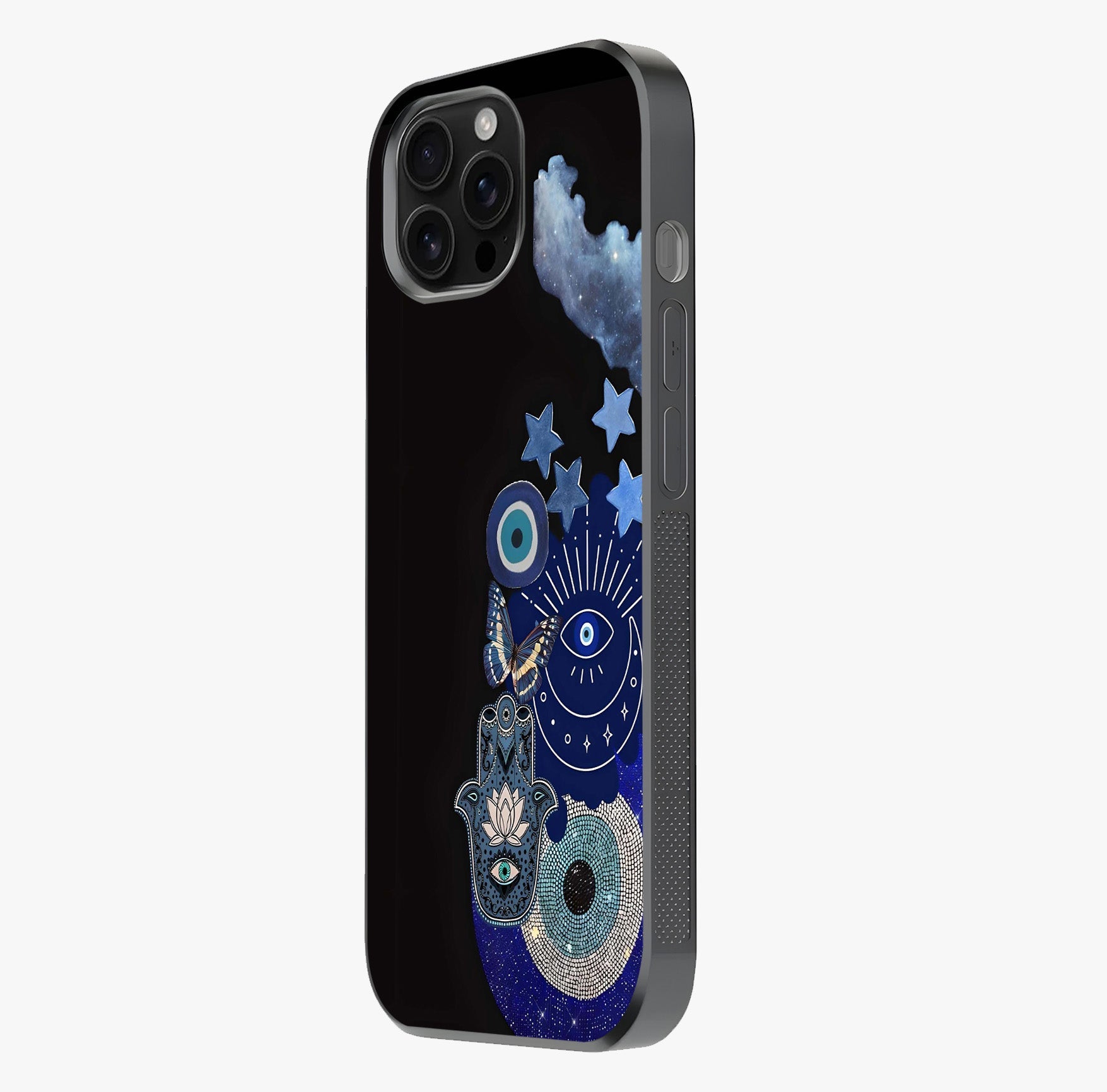 Galactic Charm Cluster Glass Case photographed in natural light showing reflective finish and design depth.