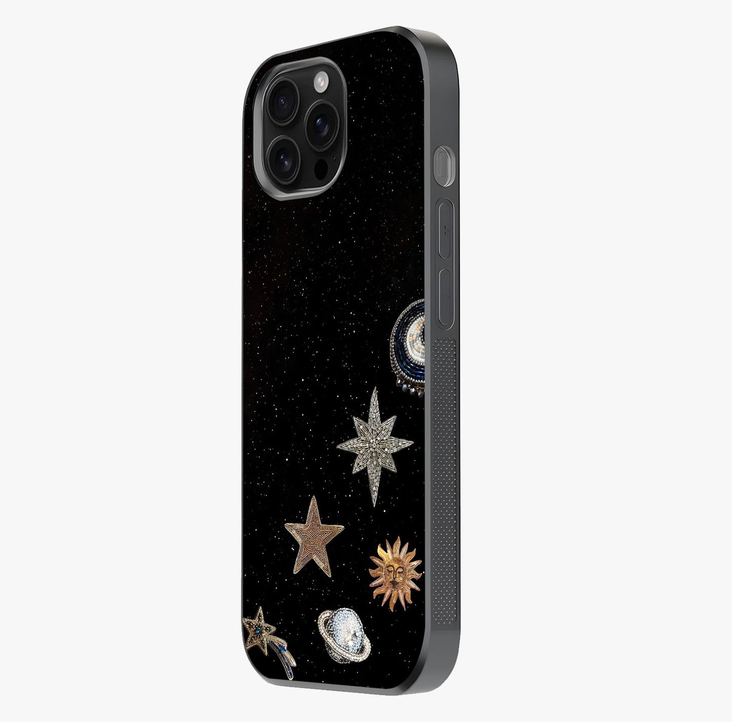 Galactic Charm Glow Glass Case photographed in natural light showing reflective finish and design depth.