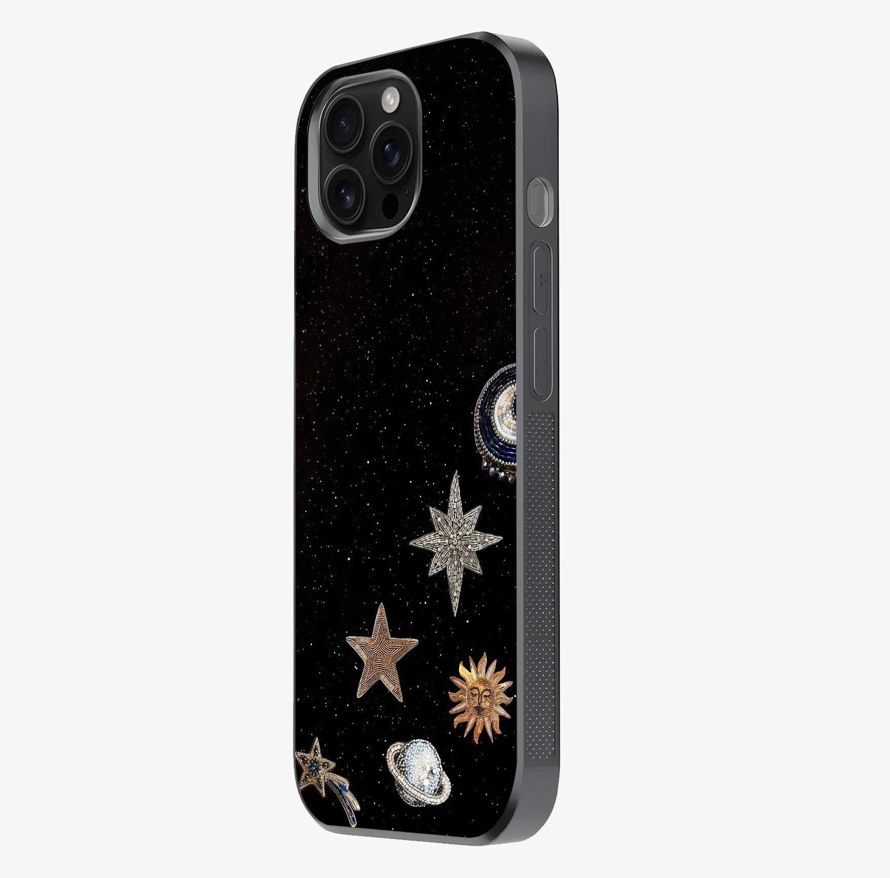 Galactic Charm Glow Glass Case photographed in natural light showing reflective finish and design depth.