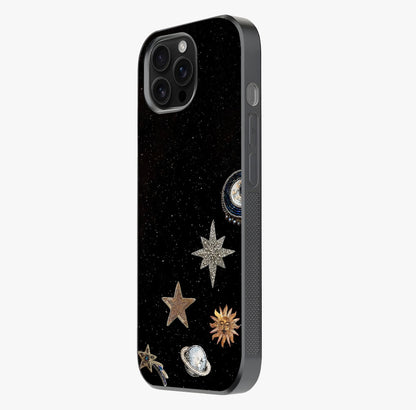 Galactic Charm Glow Glass Case photographed in natural light showing reflective finish and design depth.