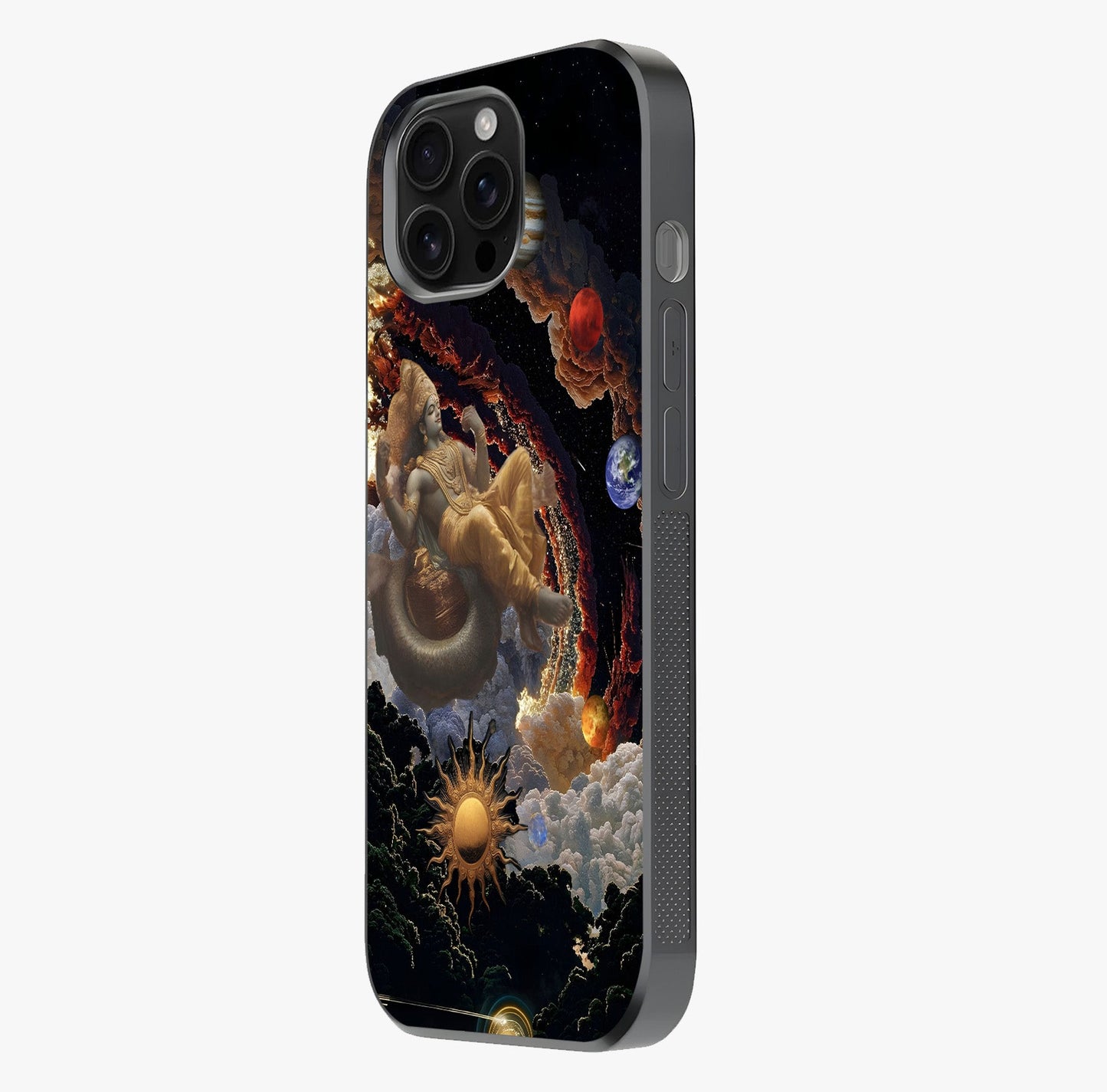Galactic Divine God Glass Case photographed in natural light showing reflective finish and design depth.