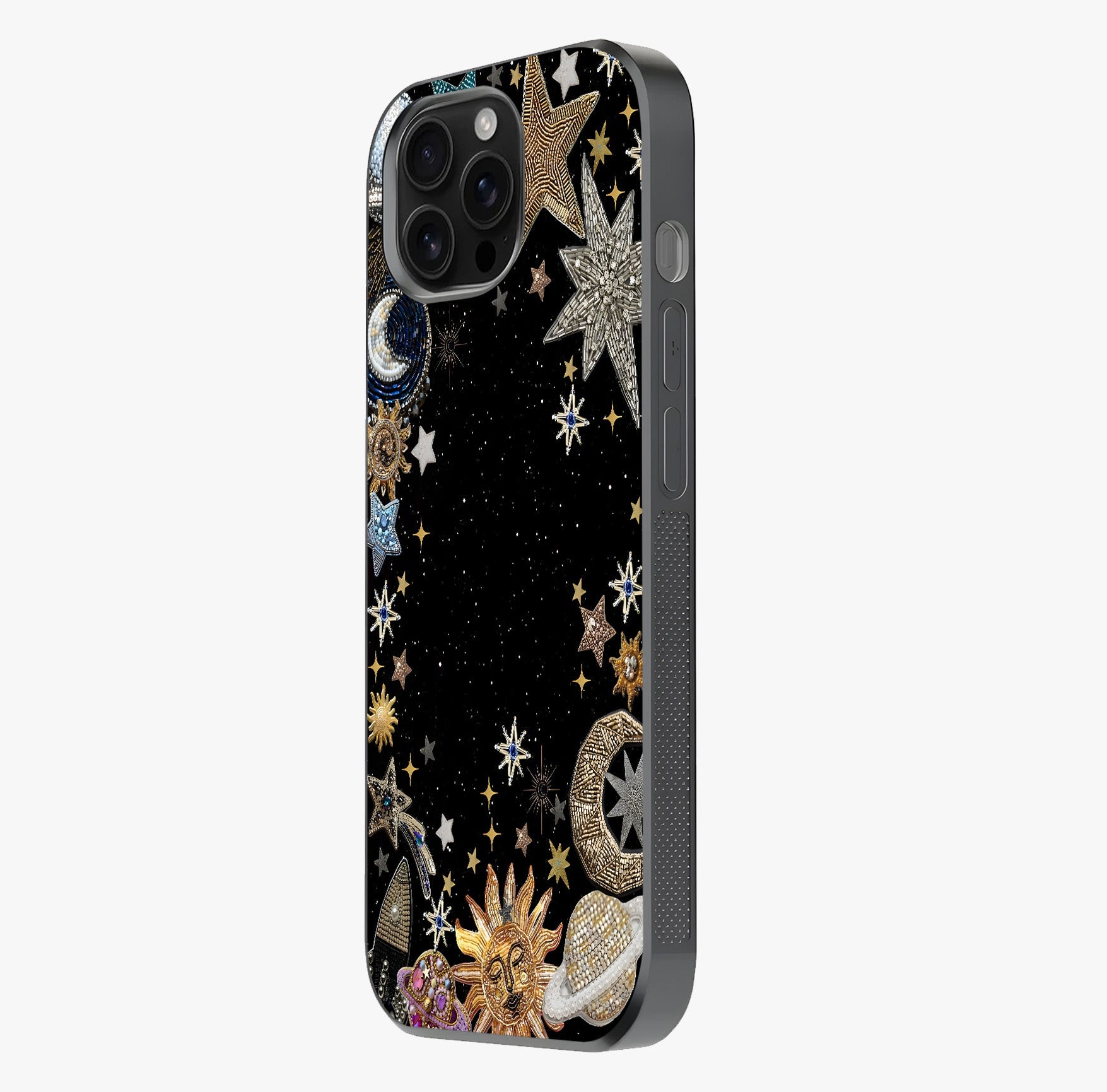 Galactic Jewel Stars Glass Case photographed in natural light showing reflective finish and design depth.