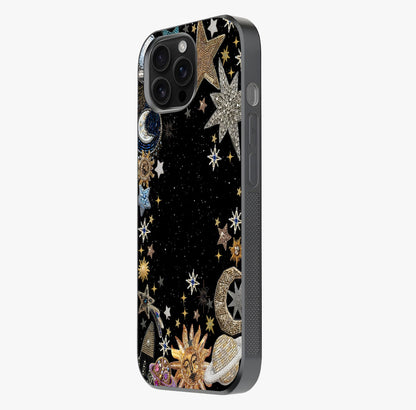 Galactic Jewel Stars Glass Case photographed in natural light showing reflective finish and design depth.