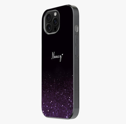 Glittery Purple Bokeh Custom Name Glass Case photographed in natural light showing reflective finish and design depth.