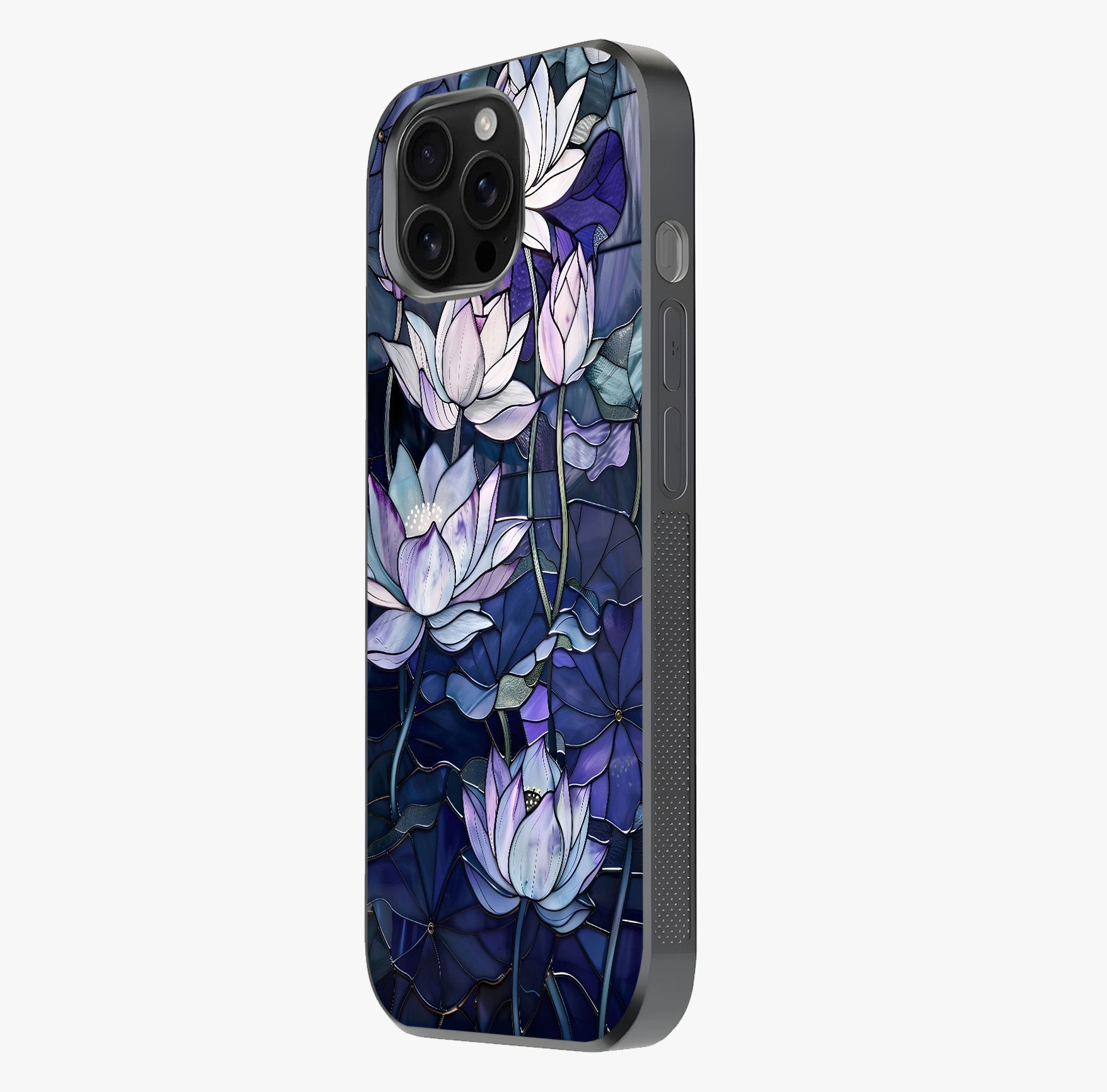 Gloss Petal Rush Glass Case photographed in natural light showing reflective finish and design depth.
