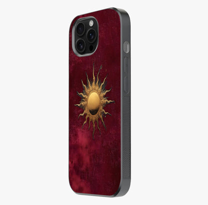 Gold Sun Blush Glass Case photographed in natural light showing reflective finish and design depth.