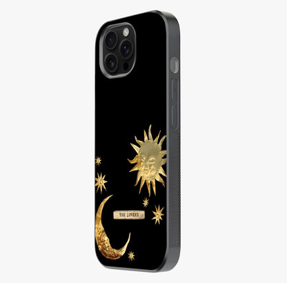 Golden Celestial Charm Glass Case photographed in natural light showing reflective finish and design depth.