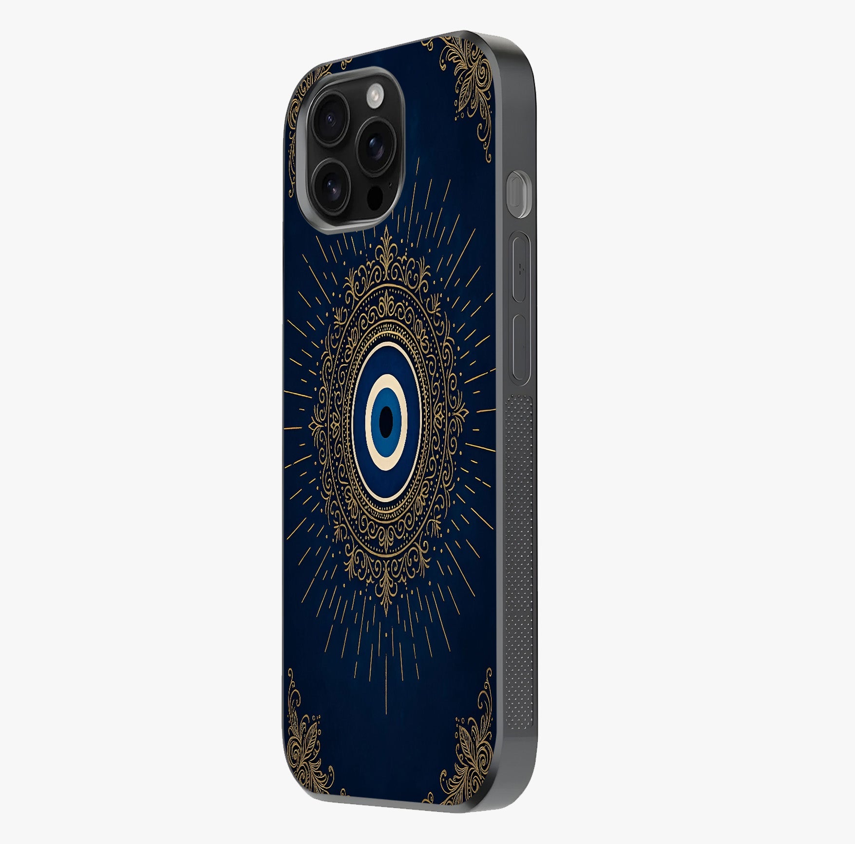 Golden Evil Eye Mandala Glass Case photographed in natural light showing reflective finish and design depth.
