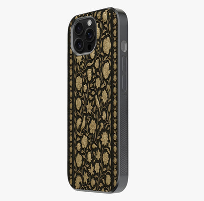 Golden Floral Majesty Glass Case photographed in natural light showing reflective finish and design depth.