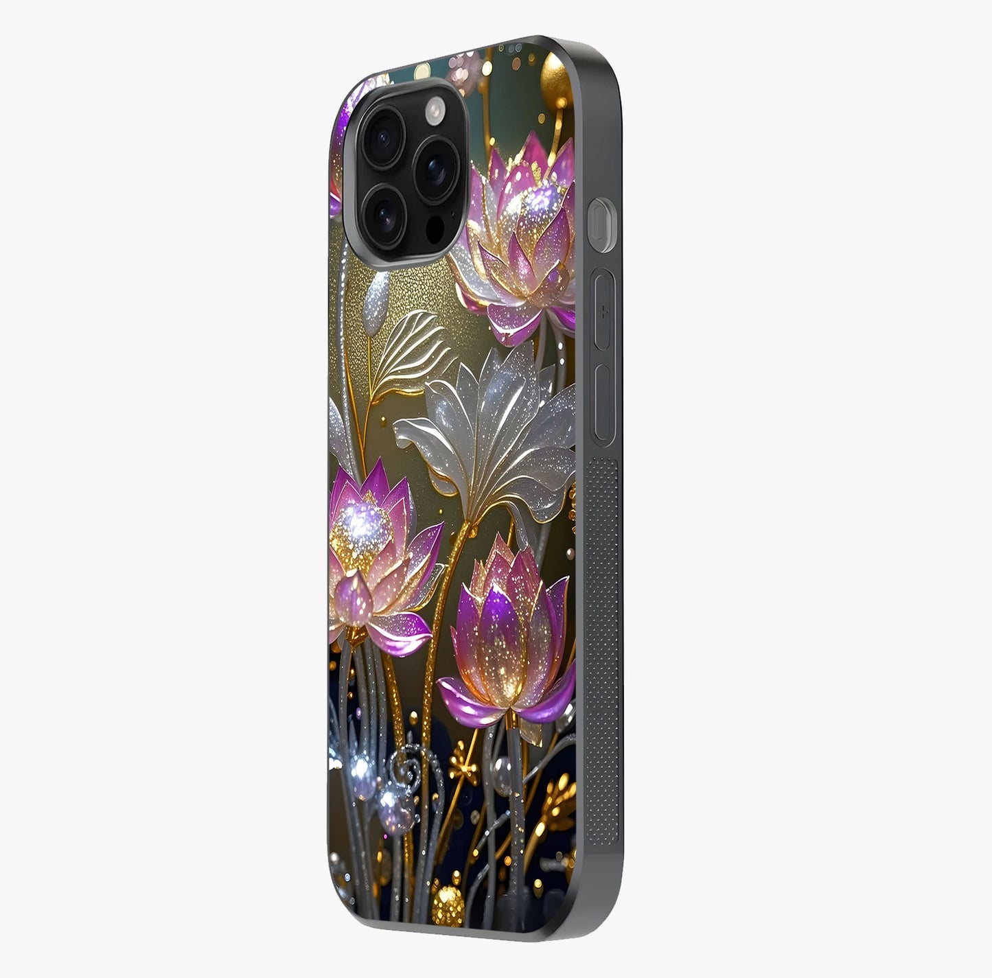 Golden Lotus Glow Glass Case photographed in natural light showing reflective finish and design depth.