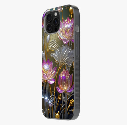 Golden Lotus Glow Glass Case photographed in natural light showing reflective finish and design depth.