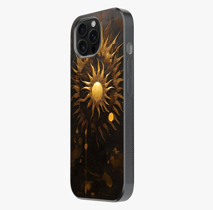 Golden Sun Majesty Glass Case photographed in natural light showing reflective finish and design depth.