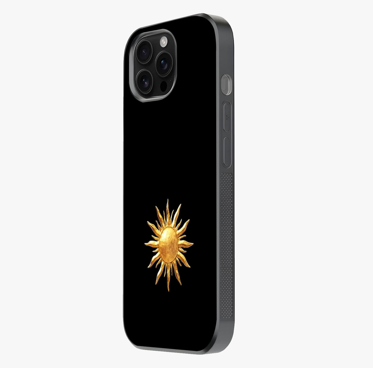 Golden Sun Minimalism Glass Case photographed in natural light showing reflective finish and design depth.