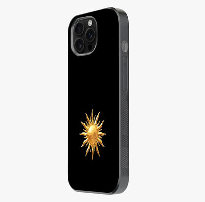 Golden Sun Minimalism Glass Case photographed in natural light showing reflective finish and design depth.
