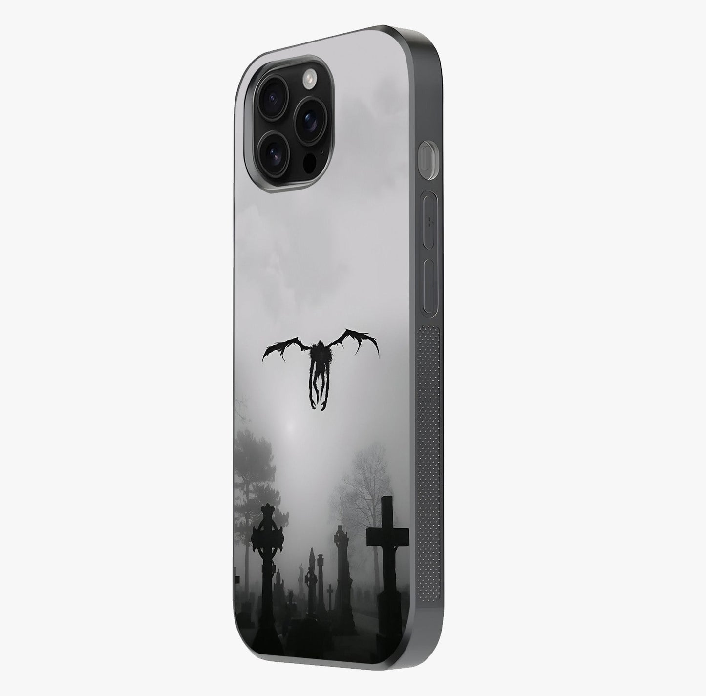 Graveyard Shadow Descent Glass Case photographed in natural light showing reflective finish and design depth.