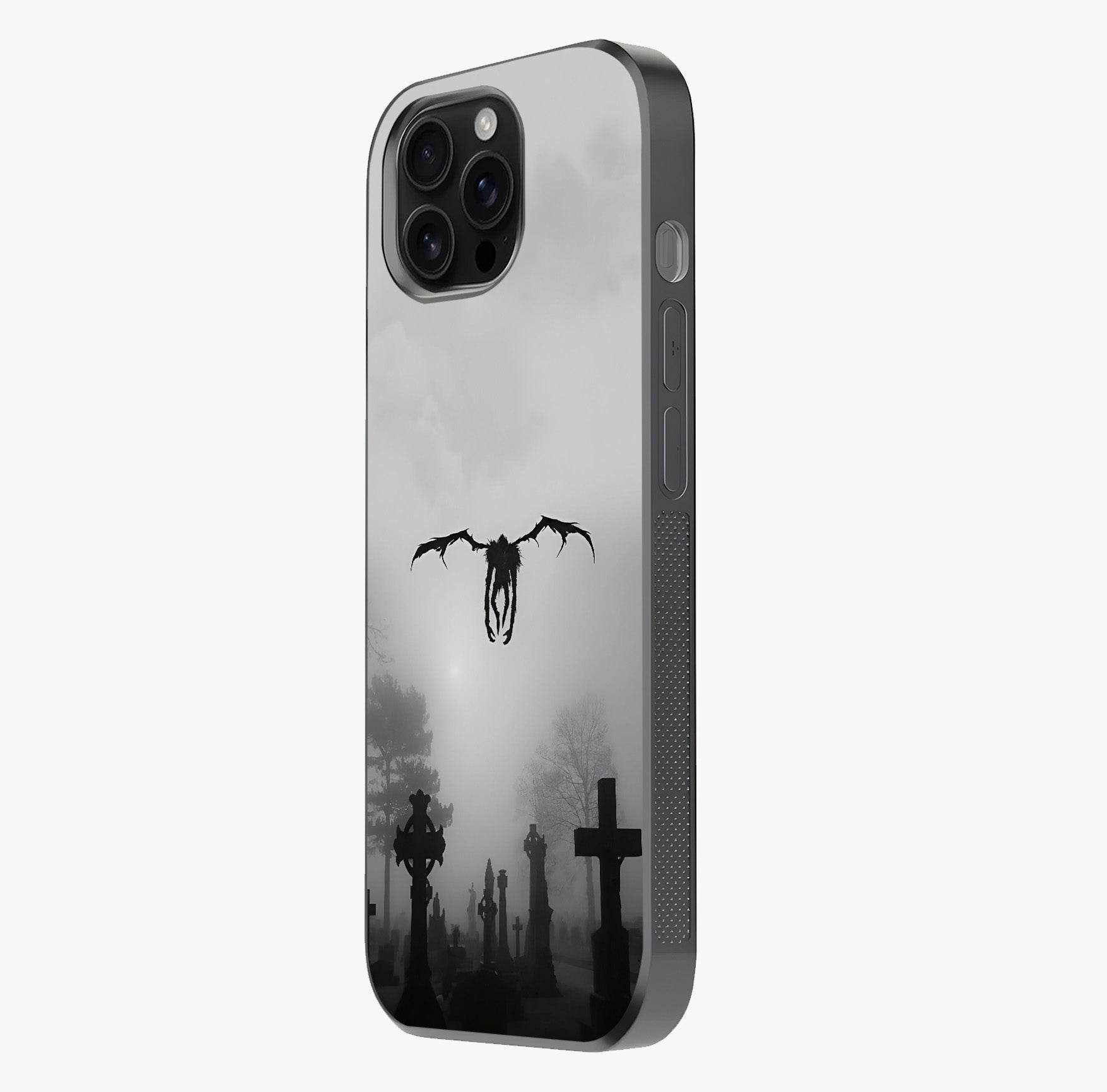 Graveyard Shadow Descent Glass Case photographed in natural light showing reflective finish and design depth.