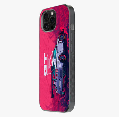 GT R Car Pattern Glass Case photographed in natural light showing reflective finish and design depth.