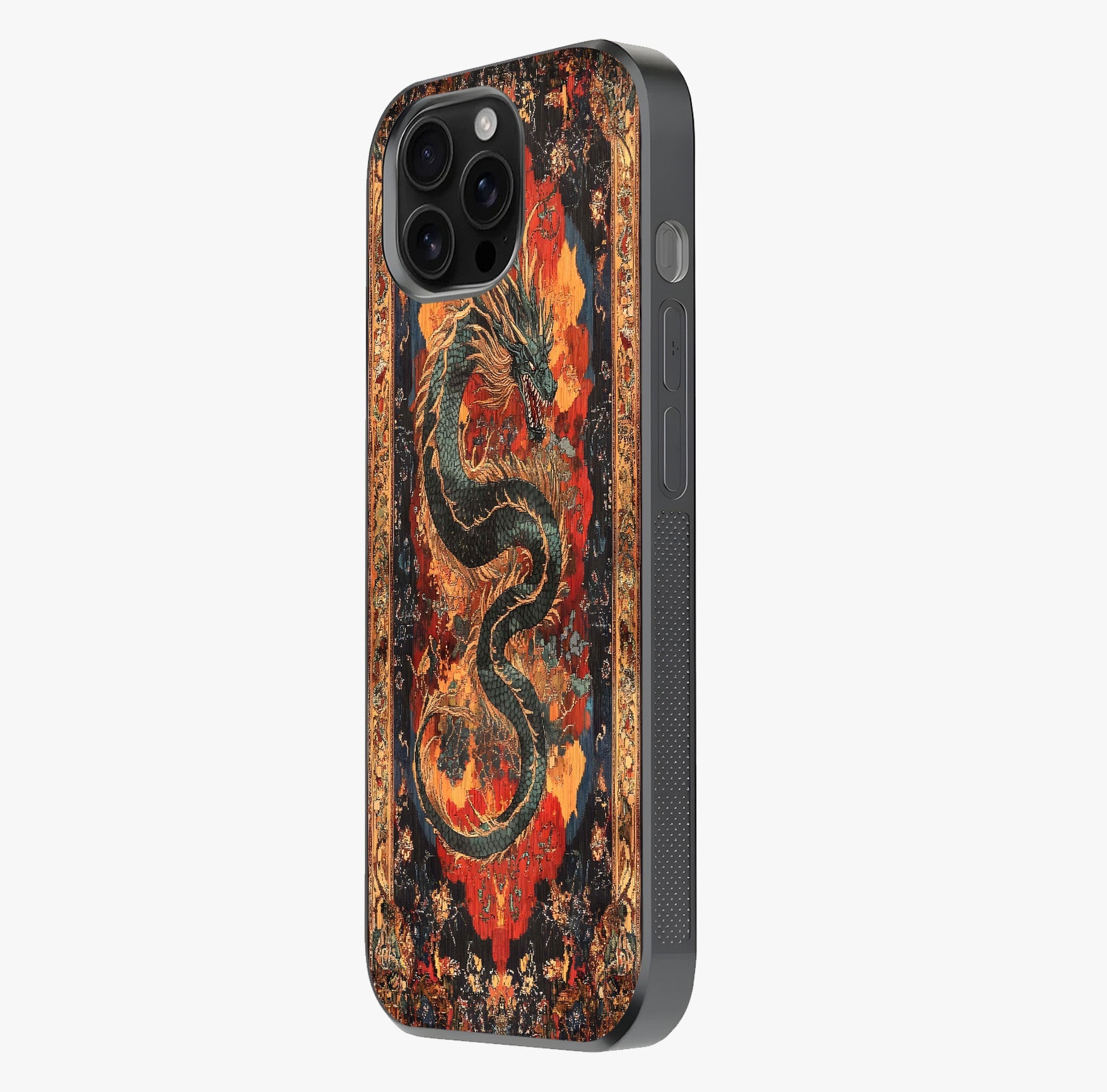 Inferno Dragon Soul Glass Case photographed in natural light showing reflective finish and design depth.