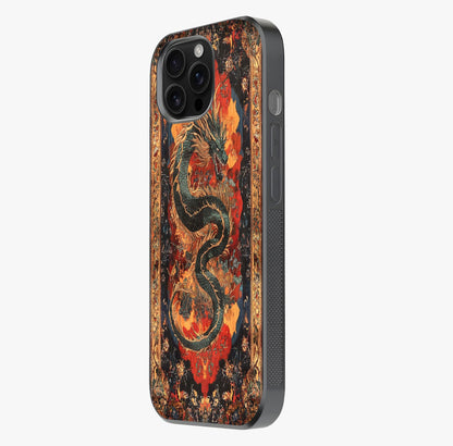 Inferno Dragon Soul Glass Case photographed in natural light showing reflective finish and design depth.