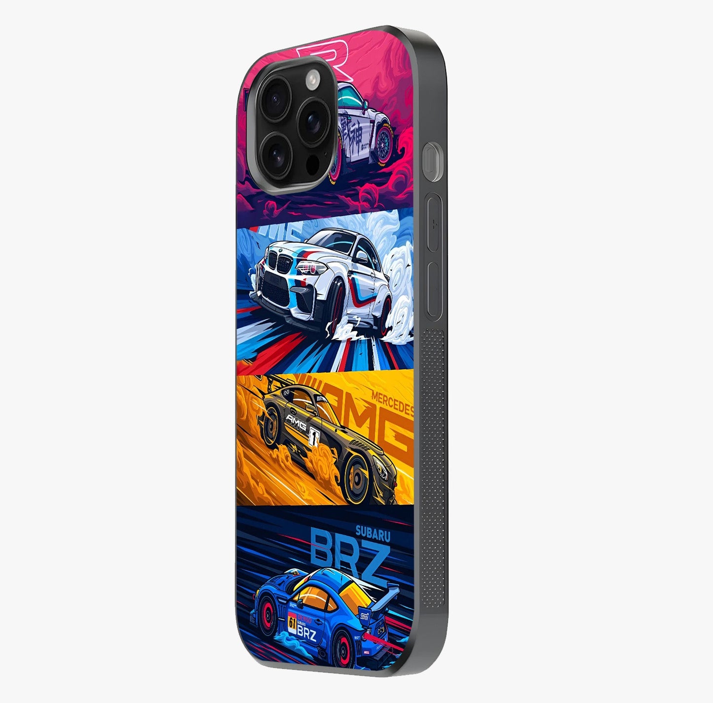 Jdm Sports Car Glass Case photographed in natural light showing reflective finish and design depth.