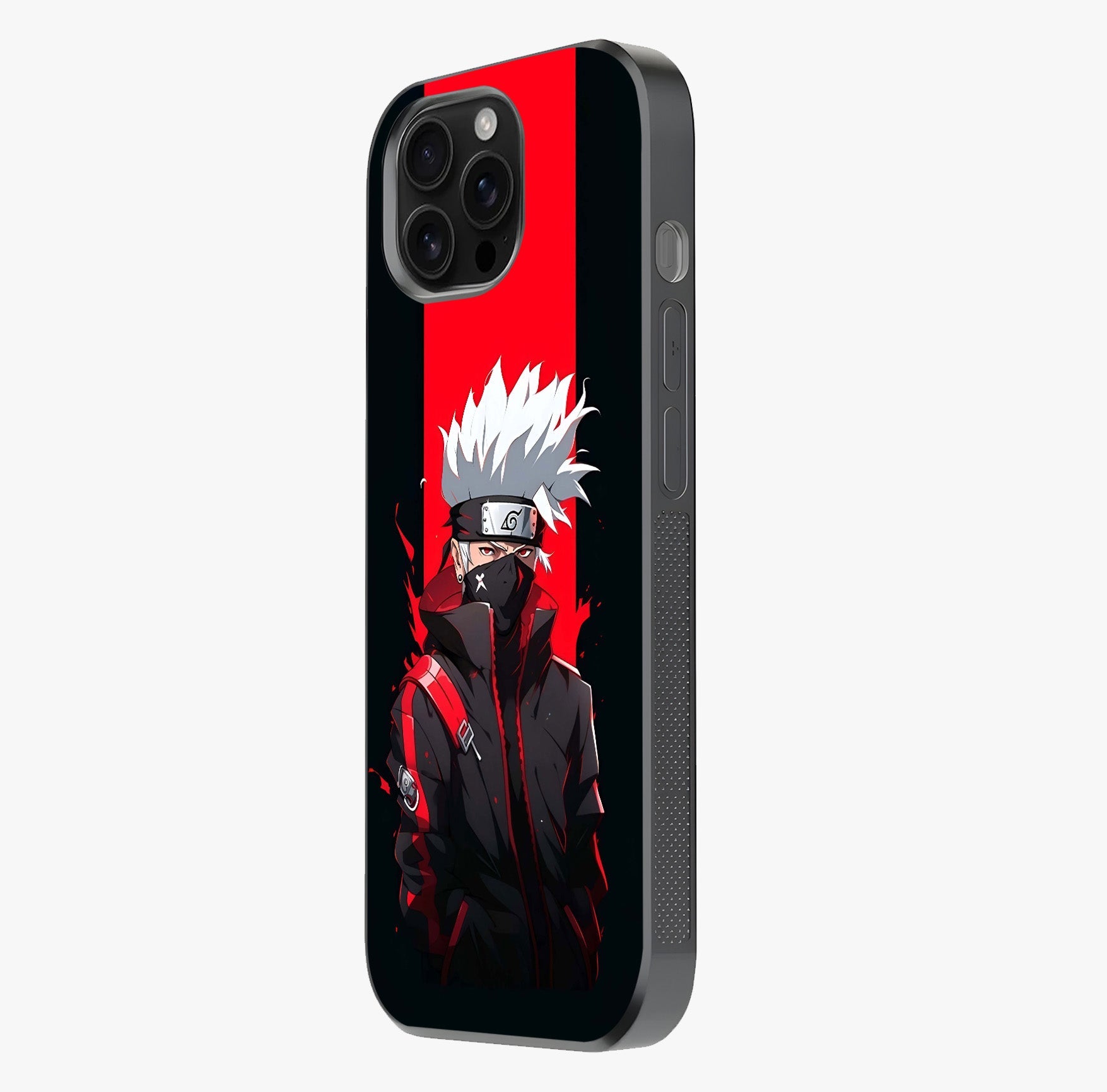 Kakashi Scarlet Shadow Glass Case photographed in natural light showing reflective finish and design depth.
