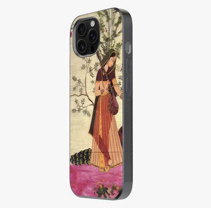 Lady With Veena Art Glass Case photographed in natural light showing reflective finish and design depth.